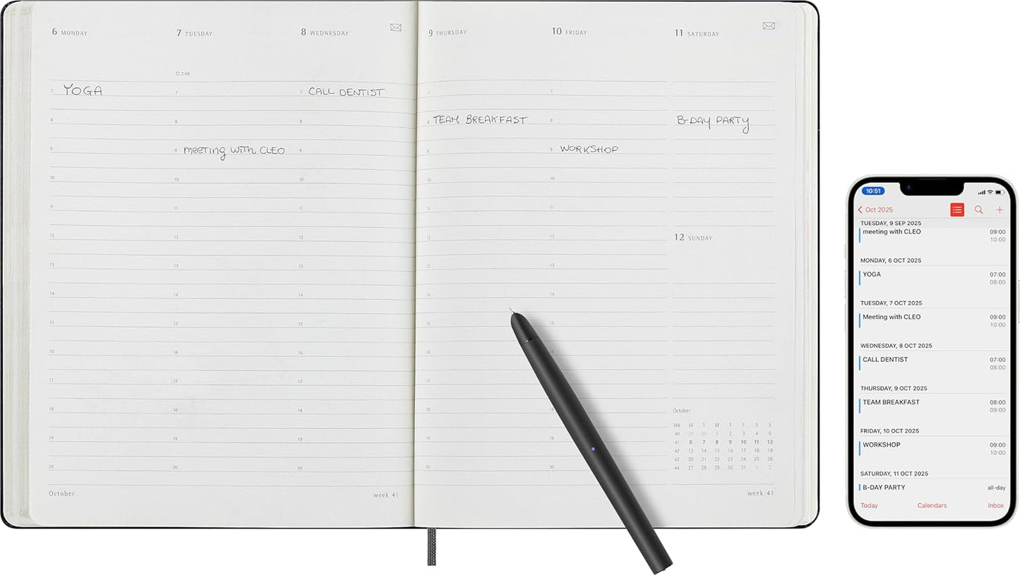 Moleskine Weekly Smart Planner PRO 12 Months 2025, Smart Planner PRO, Agenda 2025, Elastic Closure, Black Colour, Size Extra Large 19 x 25